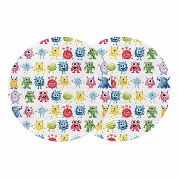 Colorful Monsters Round 15 Inch Placemats Set of 2, Abstract Cartoon Cute Artistic Funny HeatResistant Non Slip Place Mats for Dining Table, Wipeable Braided Kitchen Table Mats for Housewarming