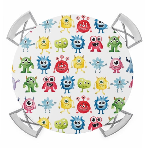 Colorful Monsters Round Tablecloth for 45-54 Inch Tables,Fitted Table Cover with Elastic Edge,Abstract Cartoon Cute Artistic Funny Waterproof Outdoor Table Cloth Protector for Patio Garden Dinner