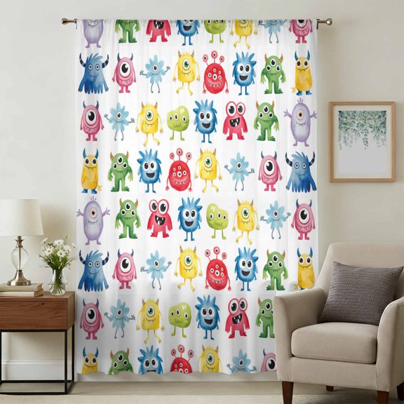 Colorful Monsters Sheer Curtains 45 Inches Long, Abstract Cartoon Cute Artistic Funny Light Filering Curtains, Breathable Simi Curtain Privacy Drapes for Kitchen Bathroom Small Window Treatment