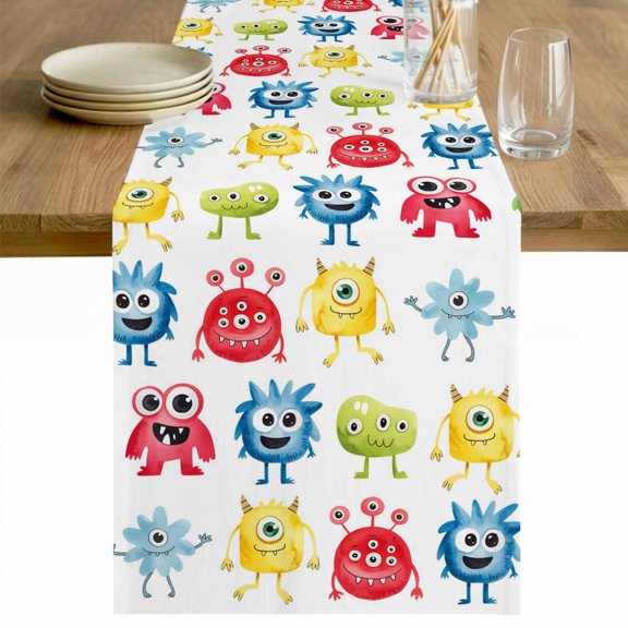 Colorful Monsters Table Runner - 36 Inch Long Abstract Cartoon Cute Artistic Funny Cotton and Linen Blended Dress Scarves Farmhouse Table Runner for Kitchen Dining, Coffee Table, 13" x 36"