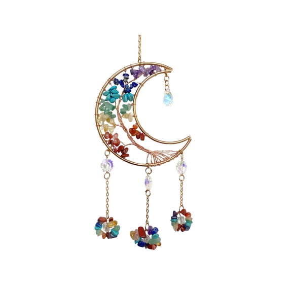 Colorful Moon Crystal Car Ornament With Natural Stones, Sunlight Catcher Design And Copper Wire For Rearview Mirror, Home Decor And Wall Hanging, 13.78 X 3.94 In 0.176 Lb