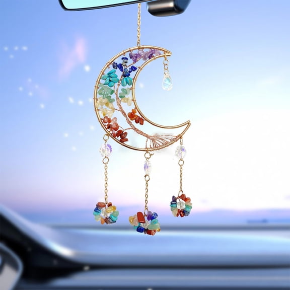 Colorful Moon Crystal Car Ornament, Rainbow Sunlight Catcher Hanging Decor, Bohemian Rearview Mirror Charm, Tree of Life Window Crystal Pendant