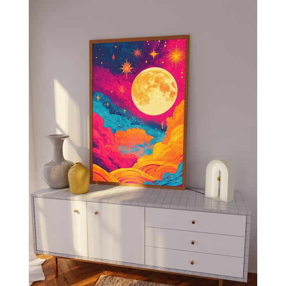 Colorful Moon and Stars Dreamy Celestial Wall Art, Unframed Paper Poster 8x10in