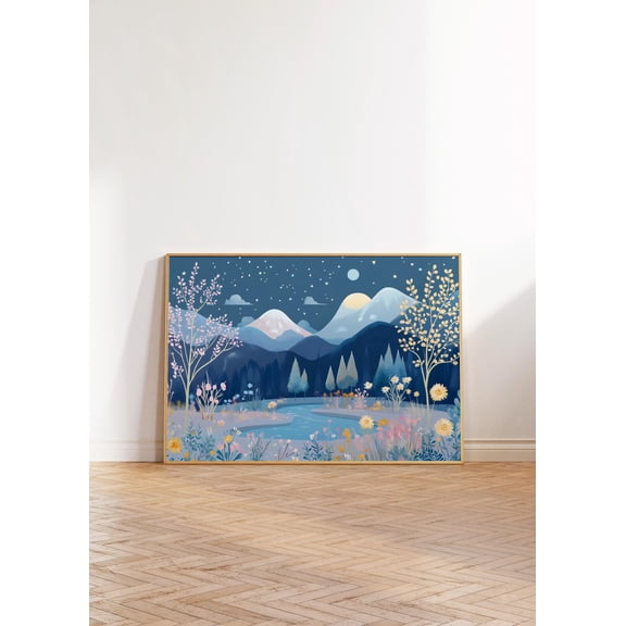 Colorful Moonlight Scenery Print, Pastel Night Sky Wall Art, Vibrant Stars Decor, Floral Illustration Poster, Moonlight Scenery Artwork Wall Art, Modern Wall Decor, 16x24 UNFRAMED