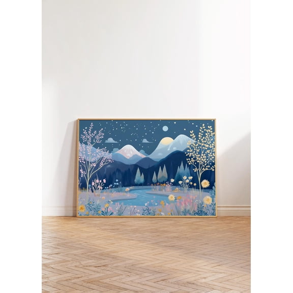 Colorful Moonlight Scenery Print Pastel Night Sky Wall Art Vibrant Stars Decor Illustration Scenery Artwork Unframed Paper Print