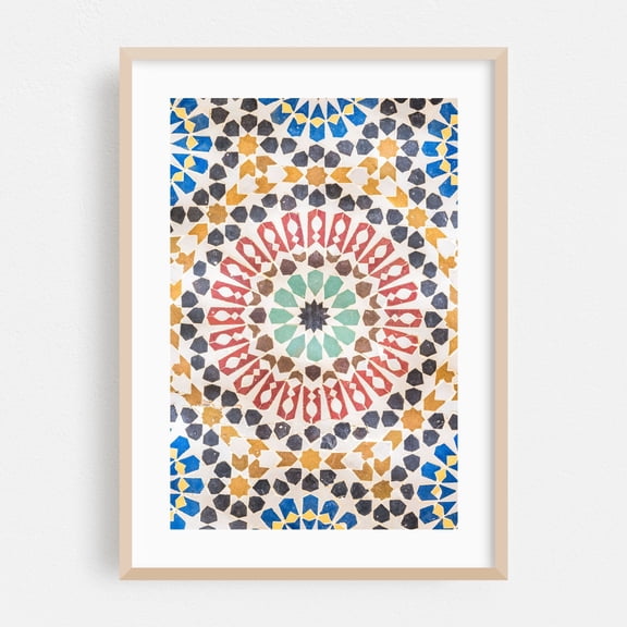 Colorful Moroccan tiles - Fes Fez-Meknès Morocco Photography Geometric Pattern Abstract Mediterranean Modern Art Art Deco Oak Framed Wall Art Print 16 x 24 inches