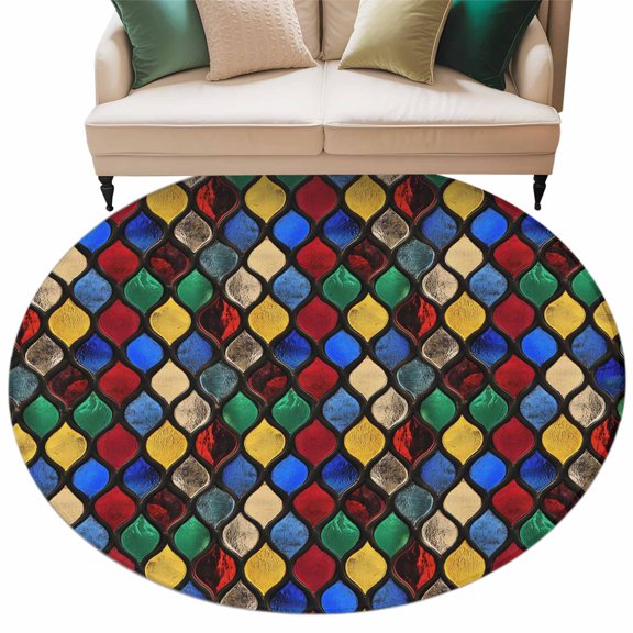 Colorful Morocco Large Area Rugs for Bedroom Living Room, Soft Non Slip Carpet Bedside Rug, Modern Geometric Abstract Art Round Floor Cover Kitchen Accent Rug 5' for Dining Room/Office