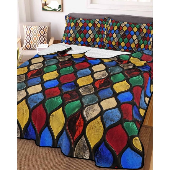 Colorful Morocco Queen Size Down Alternative Comforter, Lightweight Comforter Quilt Bedding Set with Pillow Shams Modern Geometric Abstract Art All Seasons Bed Comforter Duvet Insert 90"x96"