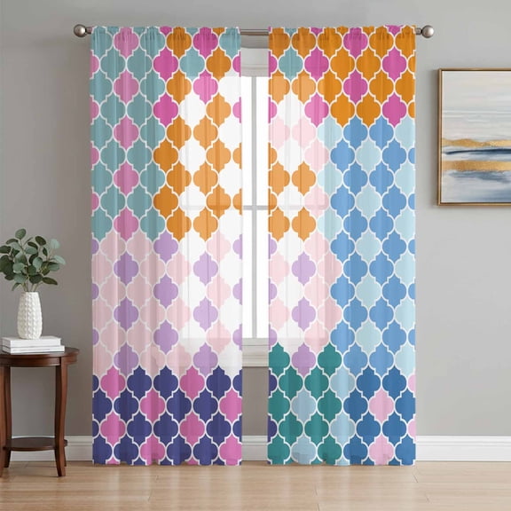 Colorful Morocco Sheer Curtains 63 Inch Length 2 Panels Set, Modern Geometric Abstract Voile Window Treatment Rod Pocket Curtains Sheers Drapes for Bedroom/Living Room/Kitchen 52x"63"x2