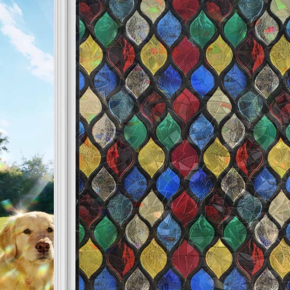 Colorful Morocco Window Privacy Film Stain Glass,Reusable Decorative Rainbow Window Film,Modern Geometric Abstract Art Static Cling Sun Blocking Stickers Decals Covers 17.7" x 39.3" (2pcs)