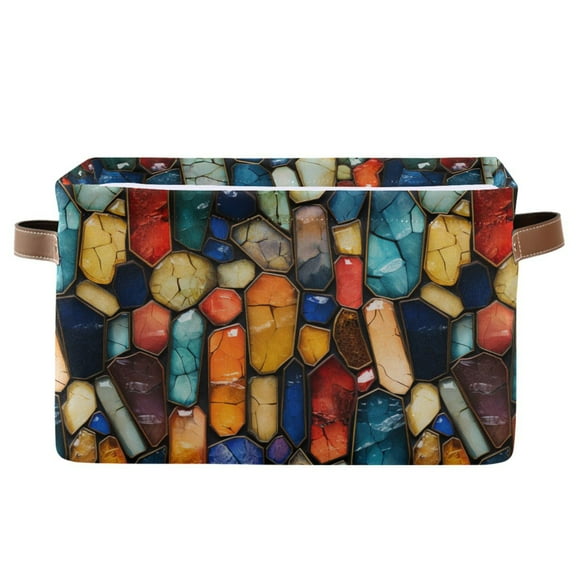 Colorful Mosaic Gemstones Storage Bins with Handle Fabric Organizer Basket Foldable Box 1 Pack 14.2x10.2x8.3