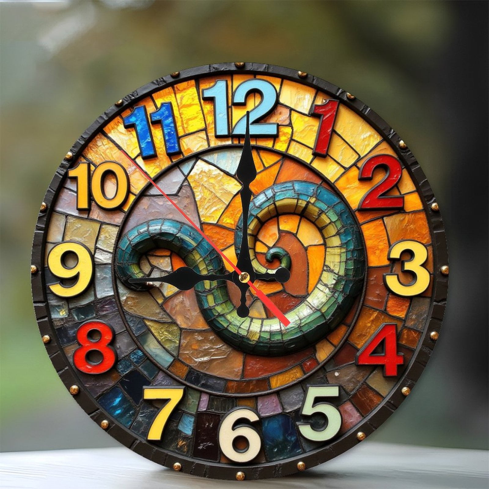Colorful Mosaic Glass Clock with Spiral Design 10-Inch Silent Wooden ...