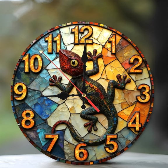Colorful Mosaic Lizard Wall Clock Unique Art Decor 10-Inch Silent Wooden Wall Clock, Battery Operated (AA Batteries Not Included), Artistic Home Decor