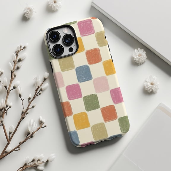Colorful Mosaic Squares Phone Case with Preppy Checker Style 17 16 15 14 13 12 11 Pro Max