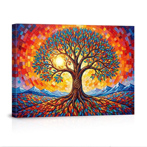Colorful Mosaic Style Tree Of Life Vibrant Sunset Mountain For Home Canvas