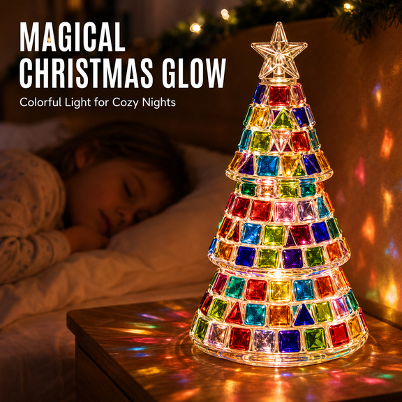 Colorful Mosaic Tabletop Christmas Tree Light, Stained Glass Style LED Christmas Tree Lamp with Star Topper, Battery Powered Mini Christmas Tree Night Light, Indoor Desktop Holiday Decor