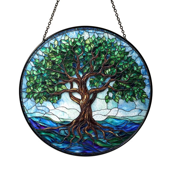 Colorful Mosaic Tree Of Life Stained Glass Window Hanging, Meaningful Nature Inspired Suncatcher