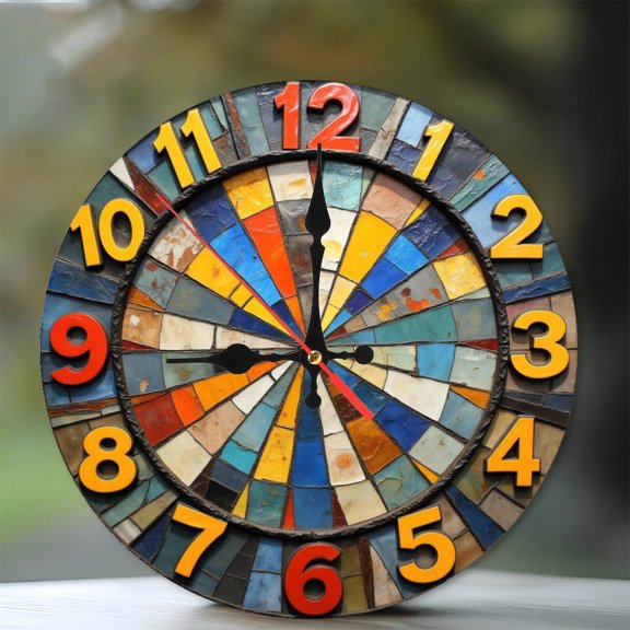 Colorful Mosaic Wall Clock Decorative Art 10-Inch Silent Wooden Wall Clock, Battery Operated (AA Batteries Not Included), Artistic Home Decor