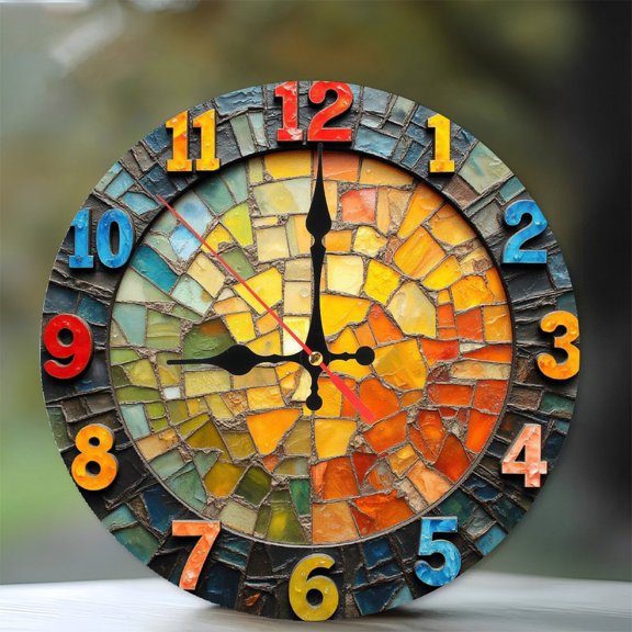Colorful Mosaic Wall Clock Decorative Art Piece 10-Inch Silent Wooden Wall Clock, Battery Operated (AA Batteries Not Included), Artistic Home Decor