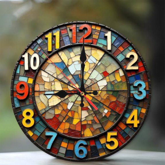 Colorful Mosaic Wall Clock Unique Home Decor 10-Inch Silent Wooden Wall Clock, Battery Operated (AA Batteries Not Included), Artistic Home Decor