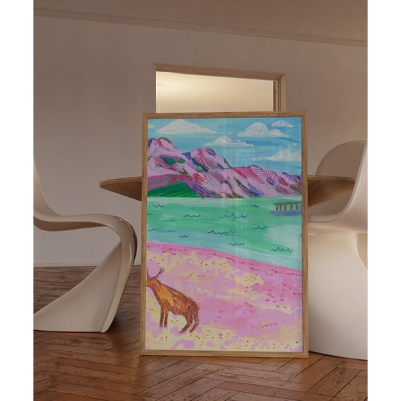 Colorful Mountain And Pink Sand Beach Wall Art, Scenery Art, Colorful Landscape Wall Art, Modern Wall Decor, 12x18 UNFRAMED