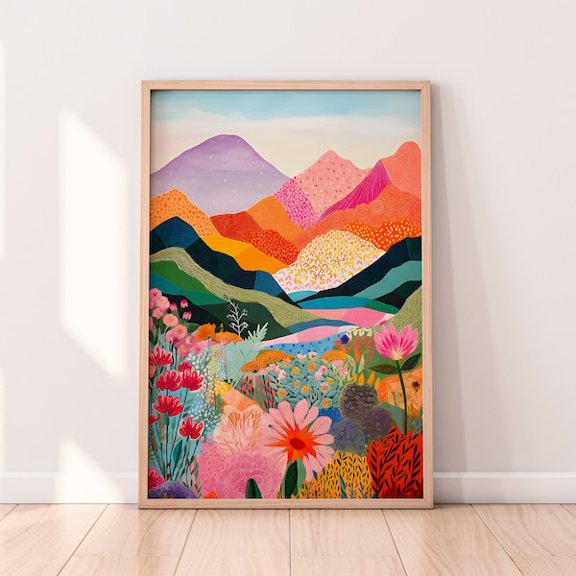 Colorful Mountain Floral Art Print: Abstract Patchwork Illustration, Unframed Paper Poster 8x10in