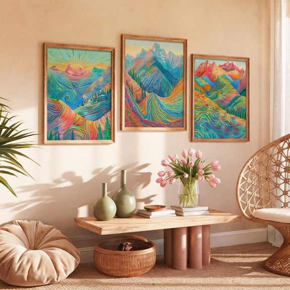 Colorful Mountain Landscape Prints Abstract Nature Art Set 3 Stretched Canvas 16x24