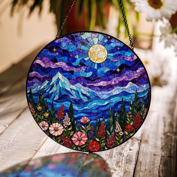 Colorful Mountain Landscape Stained Glass Suncatcher, Scenic Window Decor, Gift for Nature Lovers
