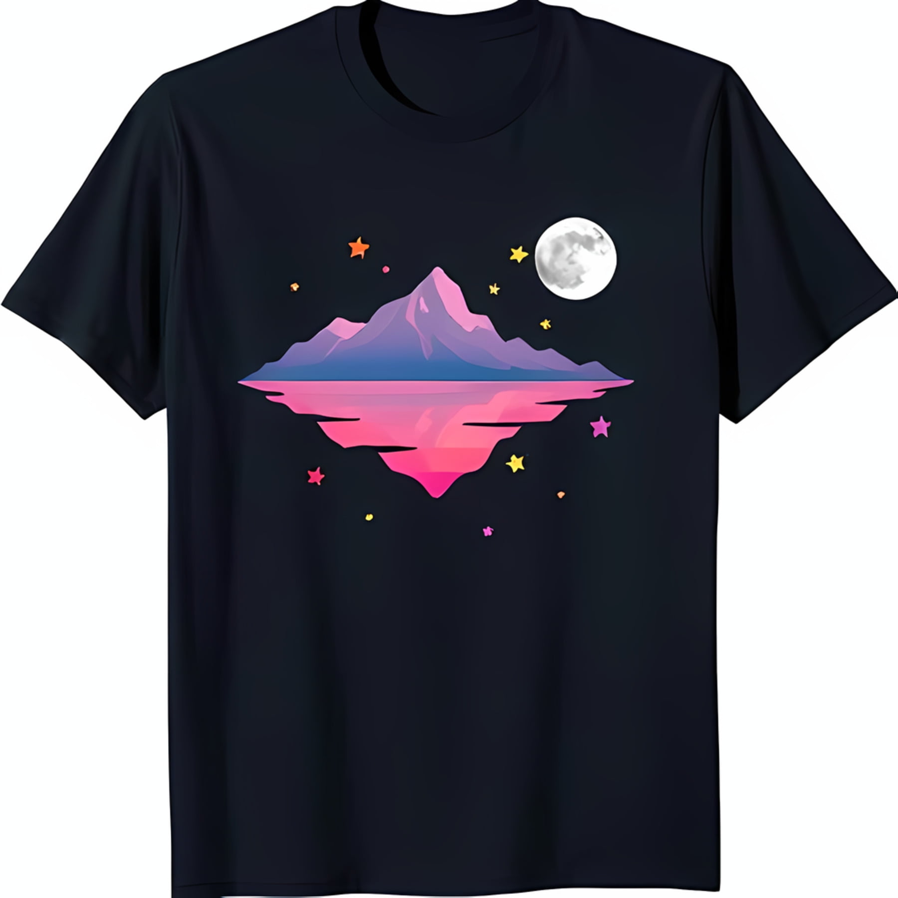 Colorful Mountain Range Reflection TShirt with Full Moon & Stars Black Tee