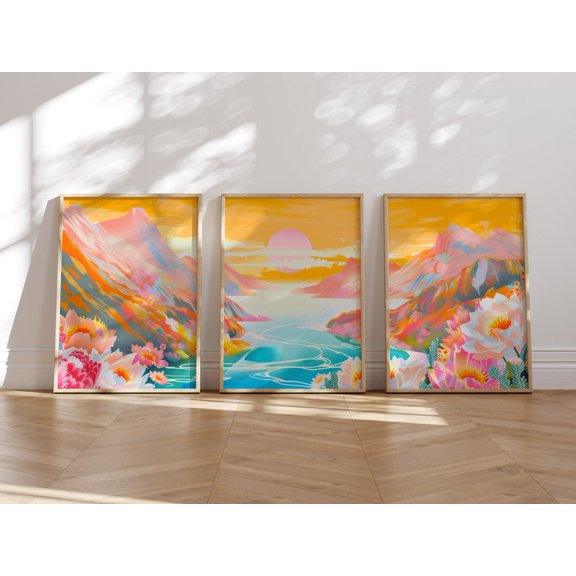 Colorful Mountain River Landscape Wall Art Maximalist Abstract Vibrant Sunset Scenery Set 3 Unframed Paper Print 12x18