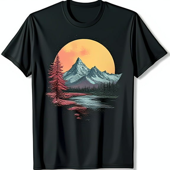 Colorful Mountain Scene Black T-Shirt with Vibrant Sun Lake & Tree Design