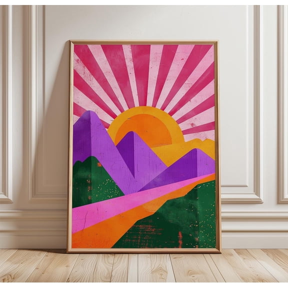Colorful Mountain Sunset Retro Landscape Mid Century Modern Nature Art Unframed Paper Print
