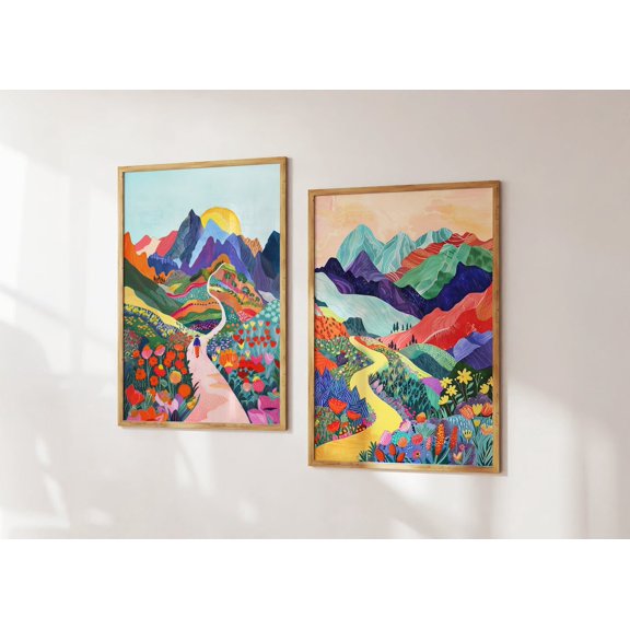 Colorful Mountains Artwork Printable Hiking Abstract Set 2 Unframed Paper Print 8x12