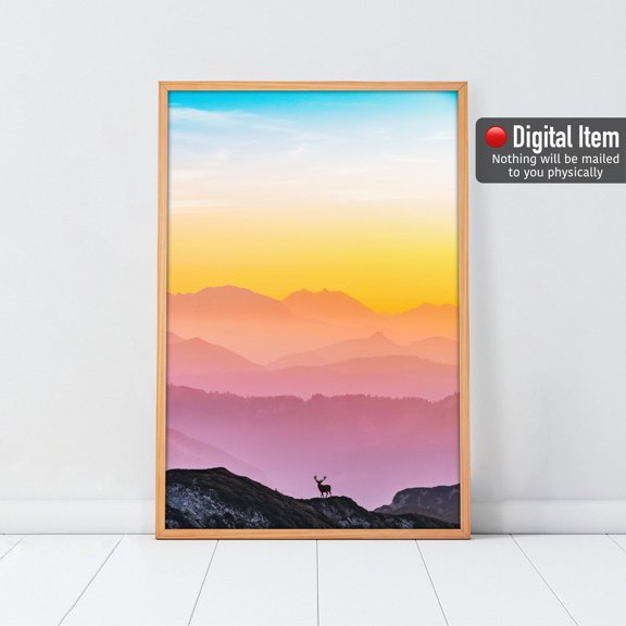 Colorful Mountains Deer Print Sunrise Sunset Wall Art, Poster Only