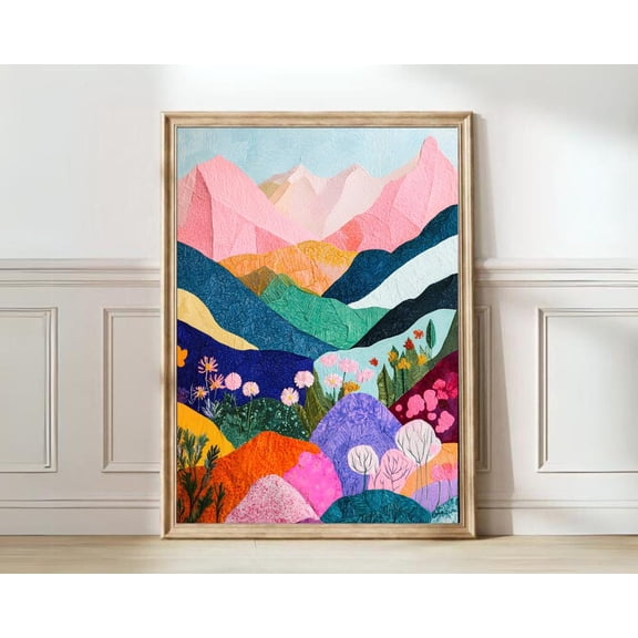 Colorful Mountains Floral Wall Art Abstract Nature Decor, Unframed Paper Print Size 8x12