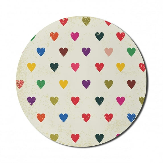 Colorful Mouse Pad for Computers, Vintage Tile of Hearts with Distressed Grungy Look Valentine`s Day Love Theme, Round Non-Slip Thick Rubber Modern Gaming Mousepad, 8" Round, Multicolor, by Ambesonne