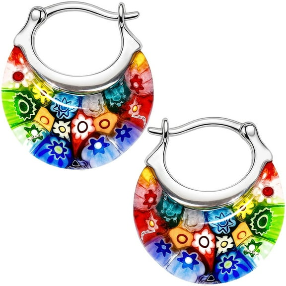 Murano Style Glass Hoop Earrings for Women Daisy Flower Stainless Steel Dangle Fun Vibrant Colorful Teacher Glass Jewelry Unique Anniversary 11.6 Gms Birthday Christmas Gifts