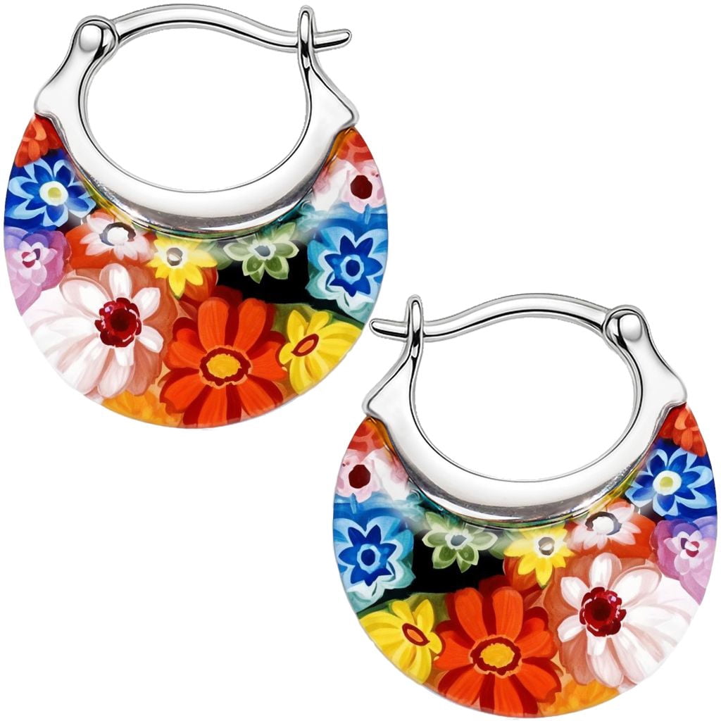 Colorful Murano Style Millefiori Glass Hoop Earrings for Women Daisy Flower Stainless Steel Jewelry Women Ct. 30 (Red/Green/Blue) Birthday Christmas Gifts