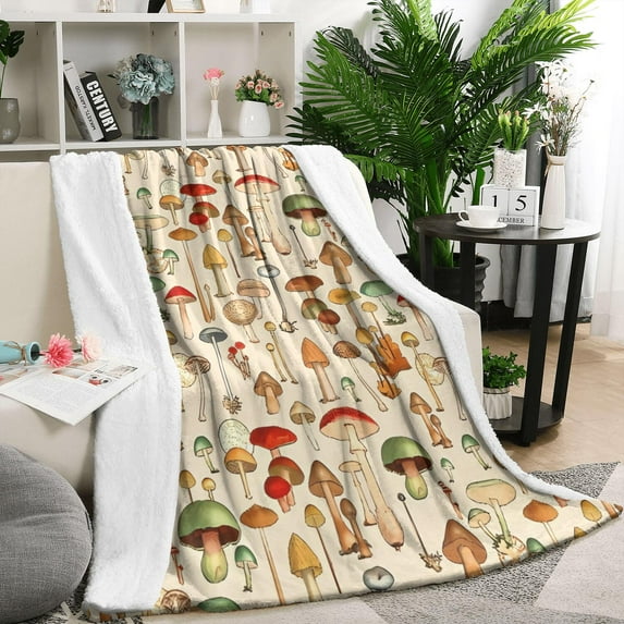 Colorful Mushroom Assortment Beige Pattern Blanket,Comfortable Soft Flannel Throw Blanket,All Season,Warm Lightweight Blankets for Sofa Bed Couch Living Room Chair,50"x60"