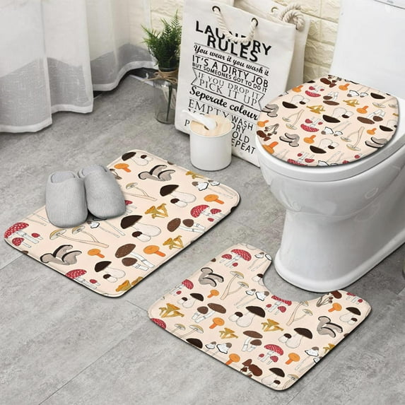 Colorful Mushroom Assortment Light Pink Pattern Bathroom Rugs Sets 3 Piece,Toilet Cover Set,Absorbent Non Slip Bathroom Mats Sets with U-Shaped Contour Rug Toilet Rug Set