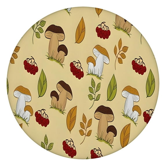 Colorful Mushroom Berry Leaf Beige Pattern Round Fitted Tablecloth with Elastic Edge,Dining Table Cover Waterproof,Outdoor Round Tablecloth for Camping,Dining,Indoor and Outdoor