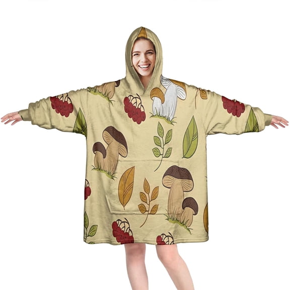 Colorful Mushroom Berry Leaf Beige Pattern Wearable Oversized Blanket,Wearable Blanket Hoodie for Adults,Cozy Hooded Blankets with Super Pockets,Super Warm Fuzzy Pullover for Women & Men