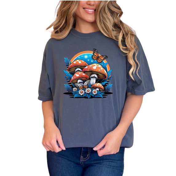 Colorful Mushroom and Butterfly Graphic T-Shirt, Nature Inspired Art Tee, Unique Gift for Nature Lovers, Artistic T-Shirt Design, Denim Comfort Colors T-Shirt, 2XL