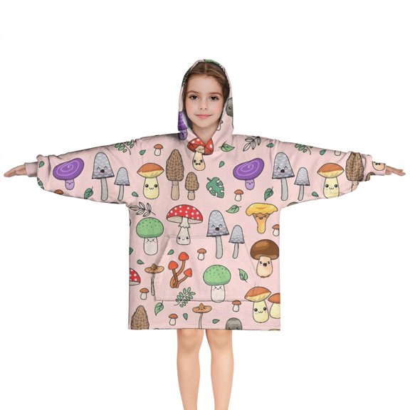 Colorful Mushroom Cartoon Pink Pattern Blanket Hoodies for Kids 6-13YR Oversize Wearable Blanket Hoodies for Boys Girls Teens