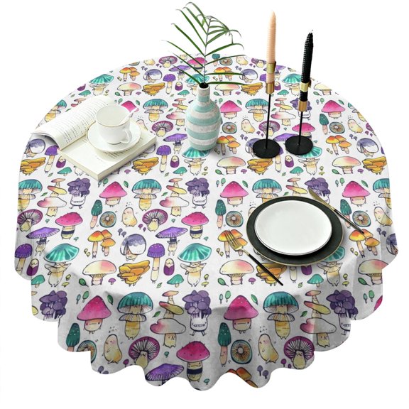 Colorful Mushroom Cartoon White Pattern Round Tablecloth 60"x60",Wrinkle Wipeable Table Cloth for Kitchen Dining Room Picnic Patio Party