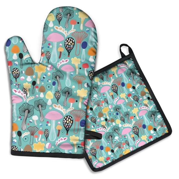 Colorful Mushroom Decor Teal Pattern Kitchen Oven Mitt and Pot Holder Sets 2 Pcs for Baking, Cooking and Grilling, Heat Resistant Up To 392 °F