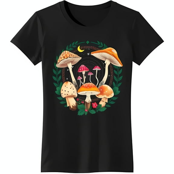 Colorful Mushroom Design Black T-Shirt with & Stars