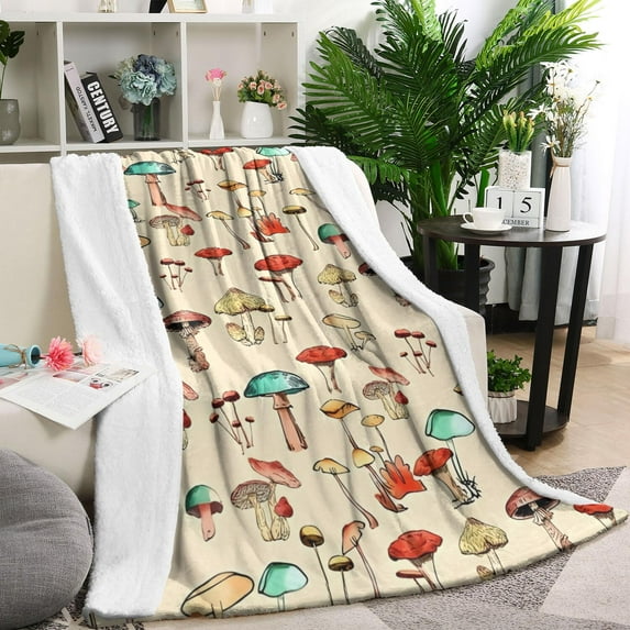 Colorful Mushroom Doodle Beige Pattern Blanket,Comfortable Soft Flannel Throw Blanket,All Season,Warm Lightweight Blankets for Sofa Bed Couch Living Room Chair,40"x50"