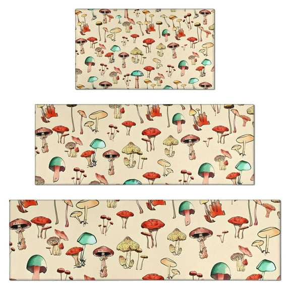 Colorful Mushroom Doodle Beige Pattern Kitchen Rugs Sets Of 3,Kitchen Runner Rugs Non Skid Washable,Decorative Kitchen Floor Mats for Kitchen,Sink,Laundry,17"x30"+ 17"x47" + 17"x59"