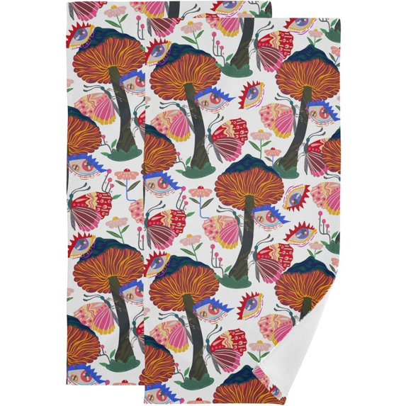 Colorful Mushroom Eyes Hand Towels 2 PCS, Fantasy Butterfly Kitchen Towel Ultra Soft and Highly Absorbent,Decorative Fingertip Face Towel for Bathroom Hotel, 28.3"x14.4"